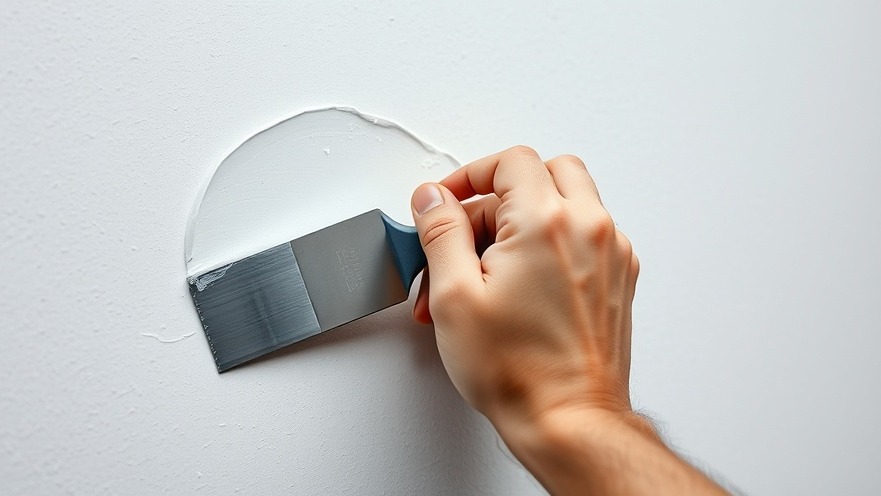 Close-up of drywall repair, smoothing with a putty knife in natural light.