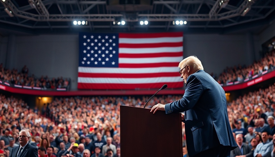 Trump speaking about EV regulations in Michigan, large crowd, American flag backdrop.