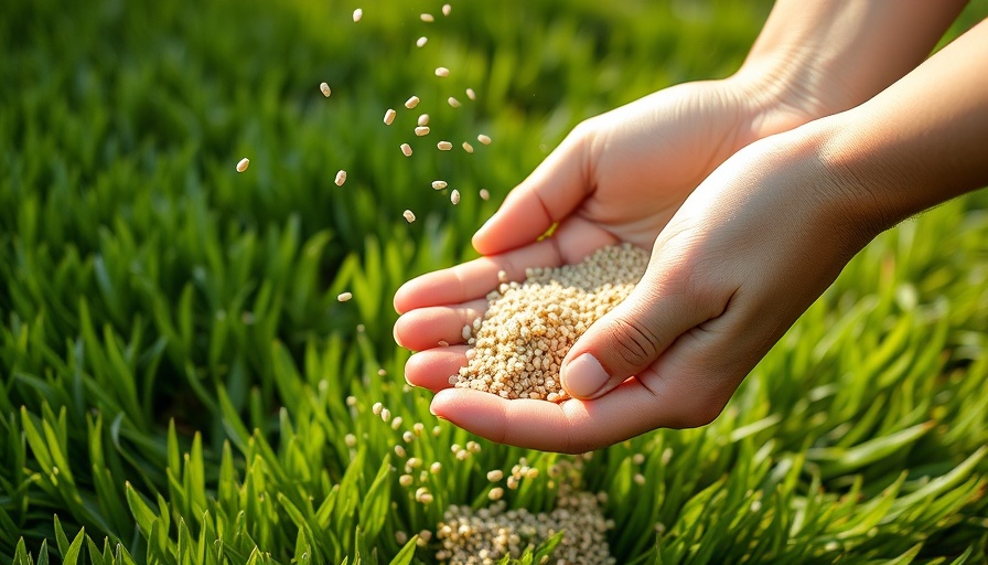 Close-up of hands pouring grass seed on lawn in daylight