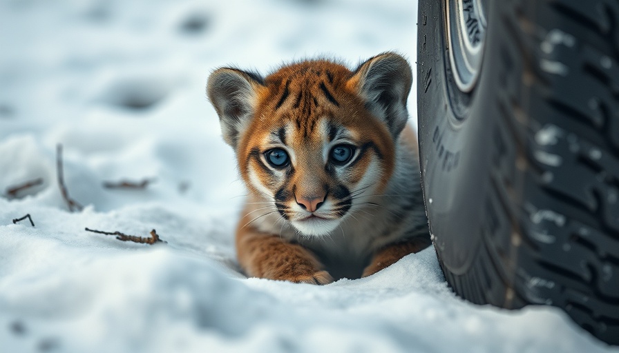 Cougar cub spotted in Michigan, hiding near a tire.