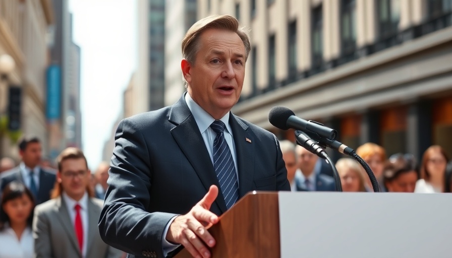 Politician speaking at podium during a Michigan News event, outdoor.