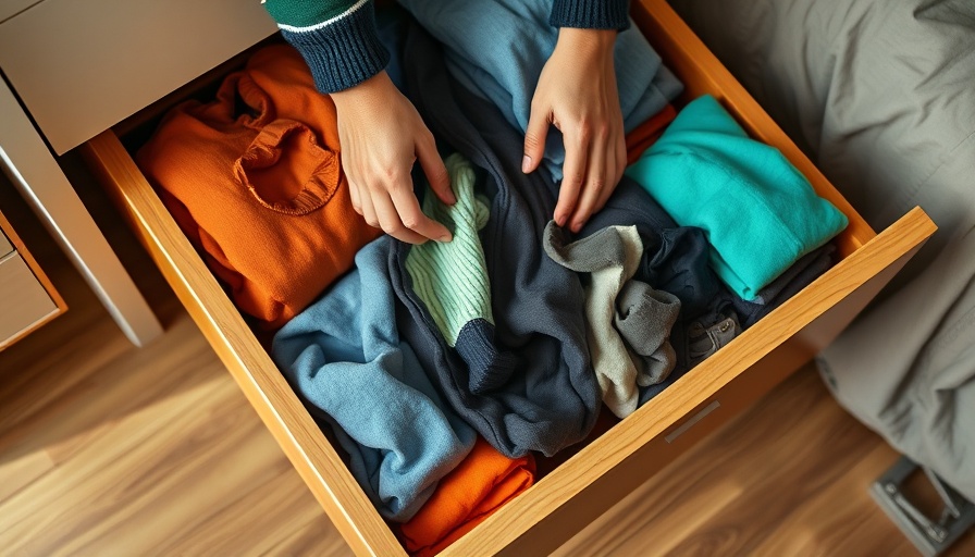 Organized drawer with clothes, hands arranging items - Home Organization Tips.