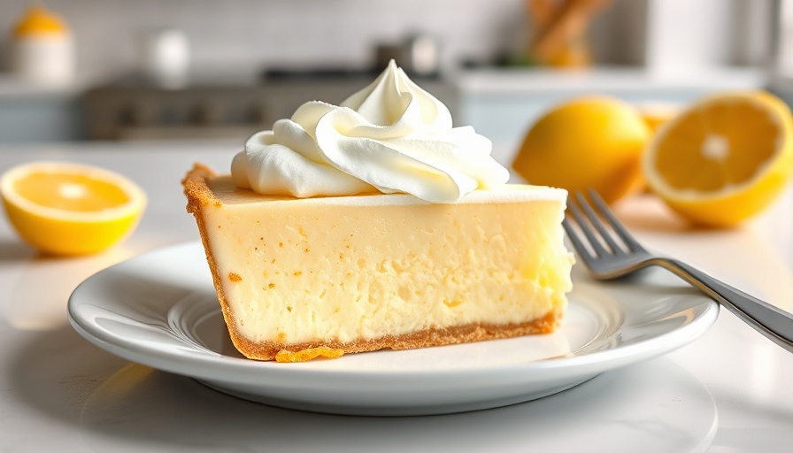 Lemonade pie slice with whipped topping, bright kitchen background.