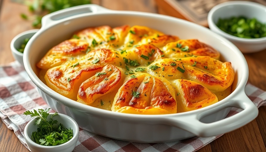 Five Star Scalloped Potatoes in a baking dish with herbs.