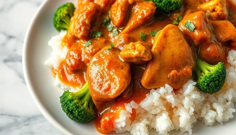 Appetizing chicken curry recipe served with rice and broccoli.