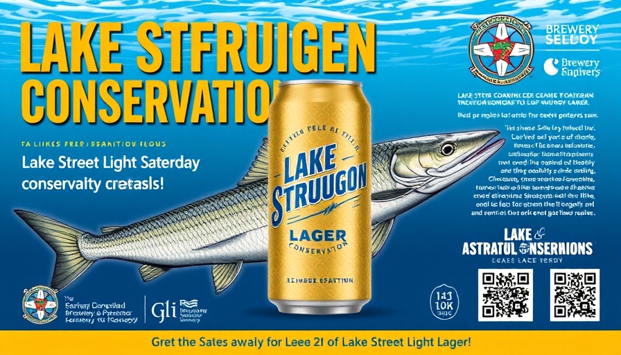 Lake Sturgeon Conservation Beer promotional poster with a can and sturgeon illustration.