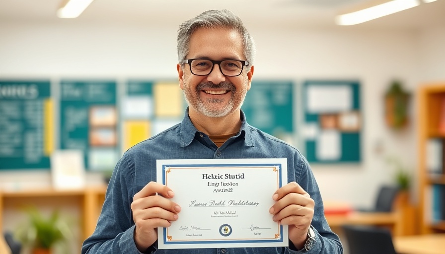 Friendly middle-aged man in trade education recognition setting.