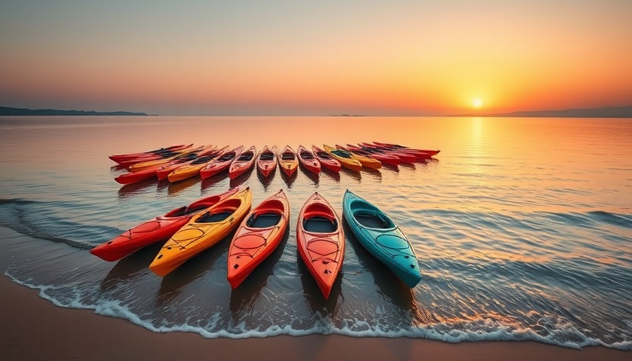 Michigan summer bucket list lakeside sunset with kayaks and paddleboards.