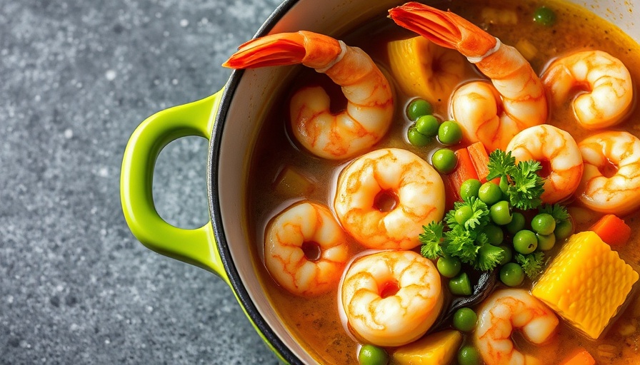 Shrimp ramen recipe with colorful vegetables in a pot.