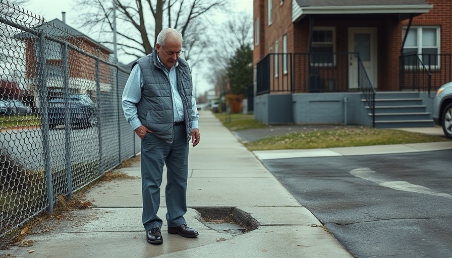 Man inspecting damaged Detroit sidewalk for repair near fence and house.
