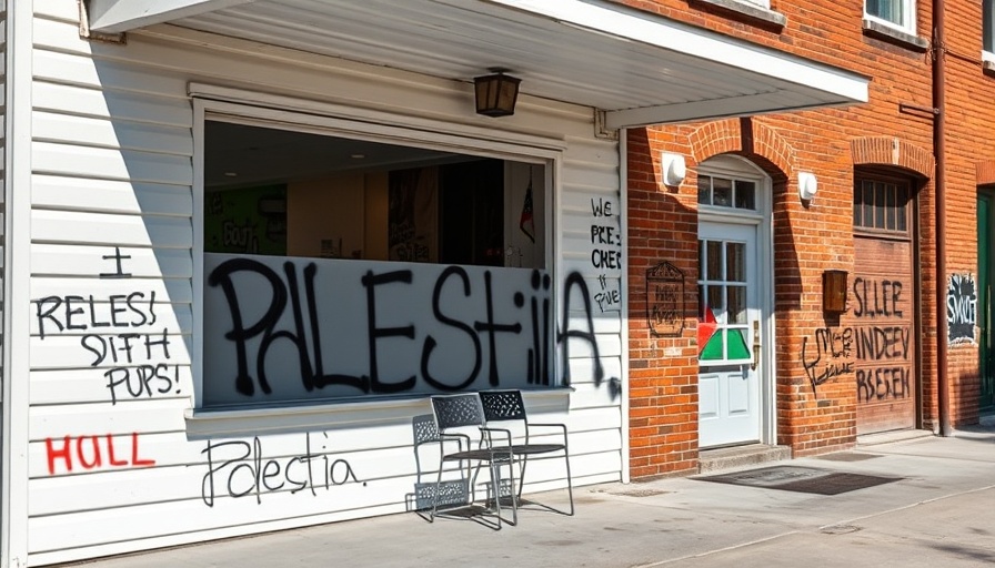 Plymouth building with pro-Palestinian graffiti in daylight