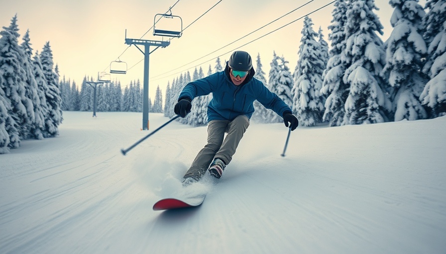 Snowboarder descends slope at Michigan ski resort, chairlifts in view.