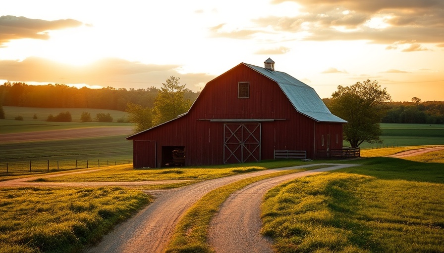 Scenic red barn at sunset, representing land in Michigan.