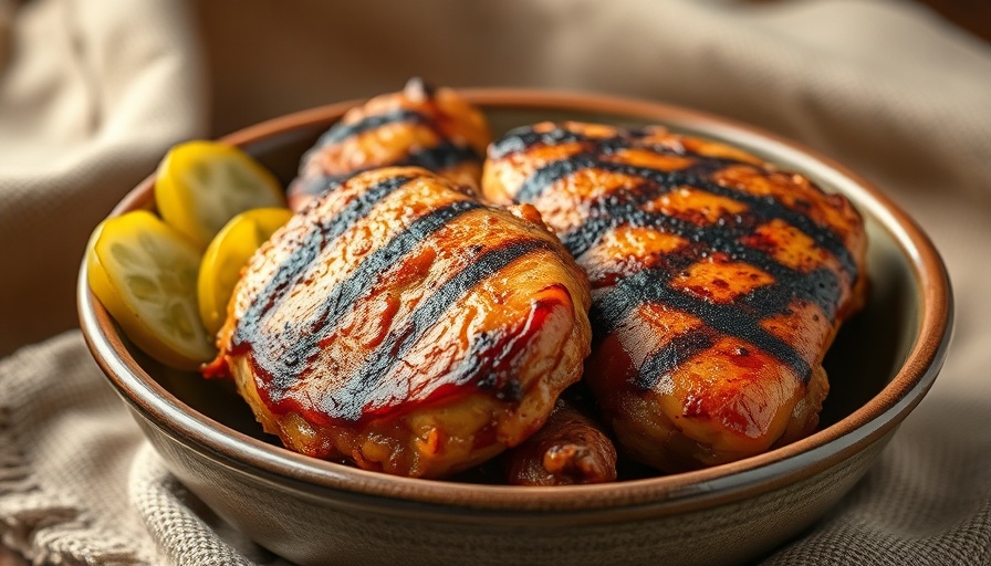 Grilled chicken with pickle juice marinade and pickles in a bowl.