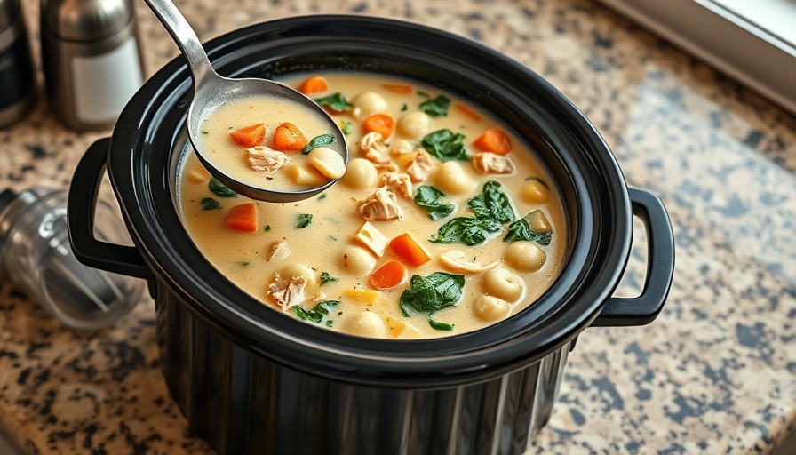 Crockpot Chicken Gnocchi Soup with carrots and spinach in a crockpot.