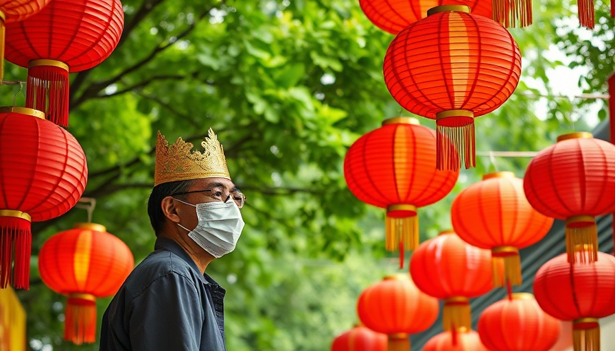 Year of the Snake celebrations Canton with red lanterns and masked person.