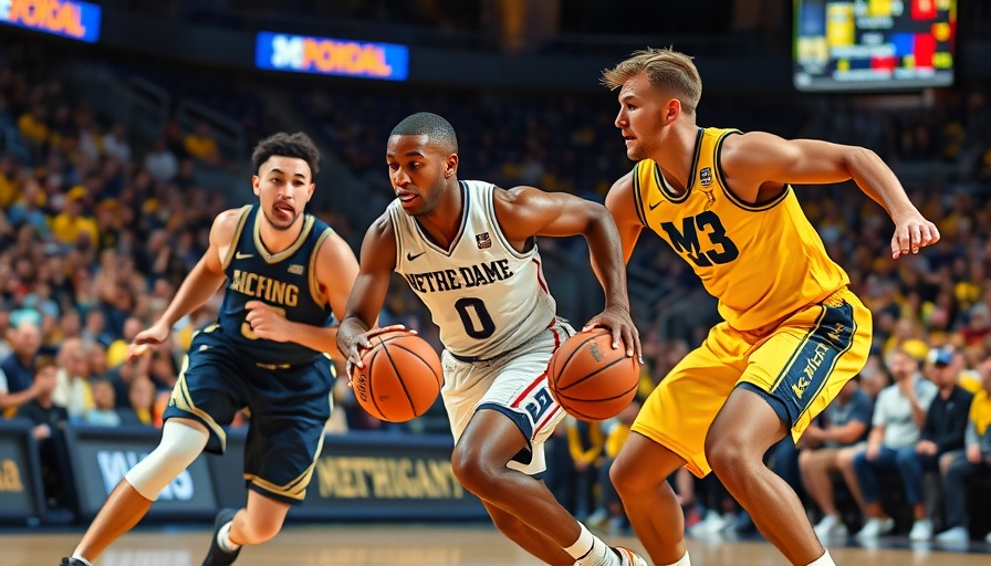 Notre Dame and Michigan players in intense basketball play