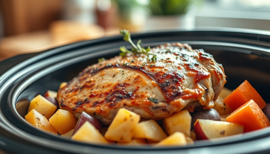 Delicious easy crock pot pork chop dinner with potatoes and carrots.