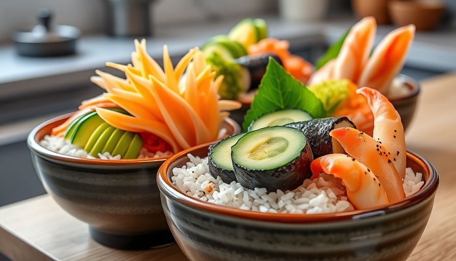 Homemade Sushi Bowls with fresh ingredients, sesame seeds, and nori.