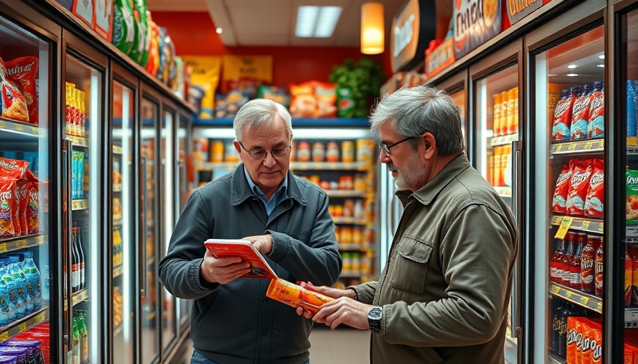Men discussing products in Melvindale gas station store aisle.