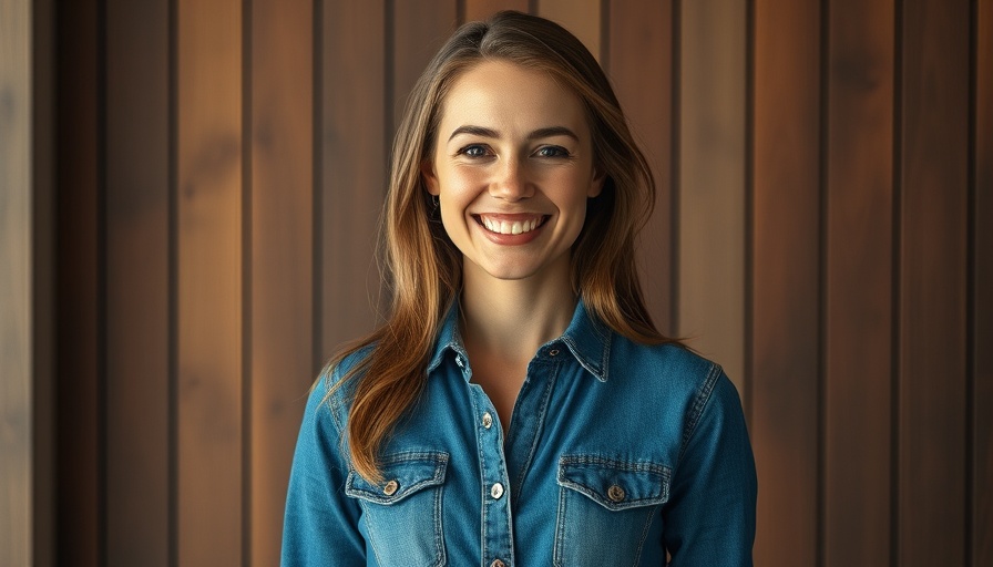 Portrait of a smiling woman, wooden background.