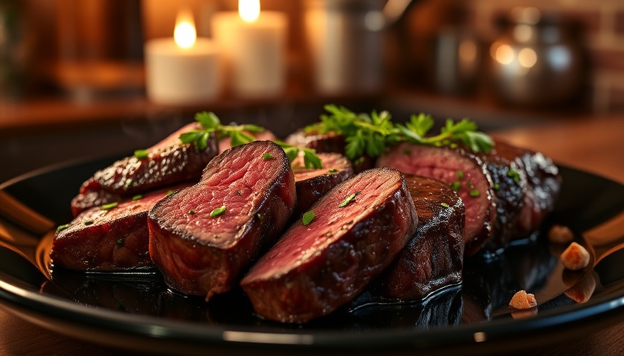 Juicy Instant Pot steak bites arranged on a plate with herbs.