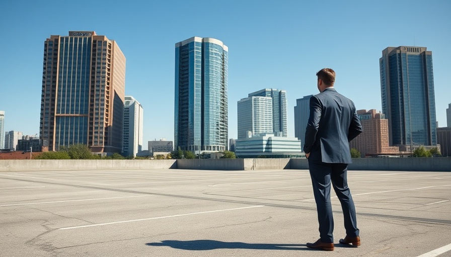 Two men discussing redevelopment plans on Detroit riverfront, clear sky.