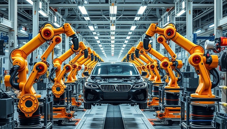 Automotive factory with robotic arms assembling vehicle, vibrant industrial setting.
