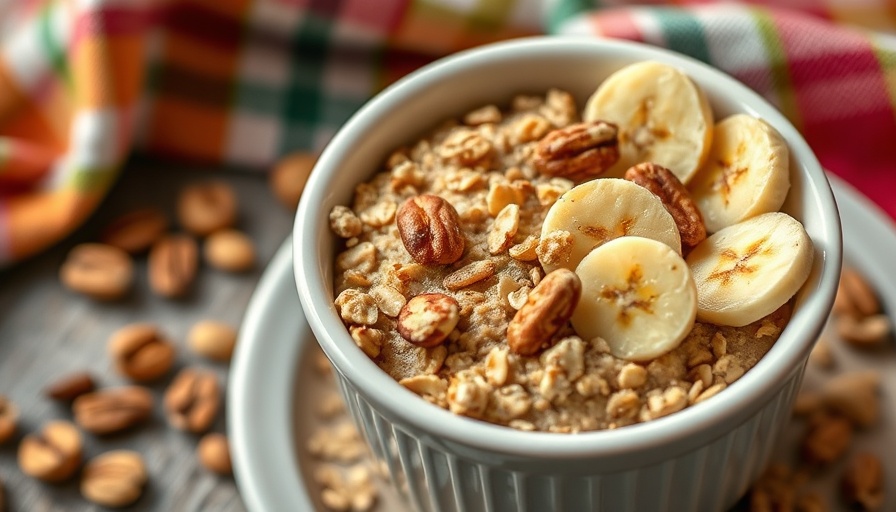 Banana Baked Oats topped with banana slices and nuts.