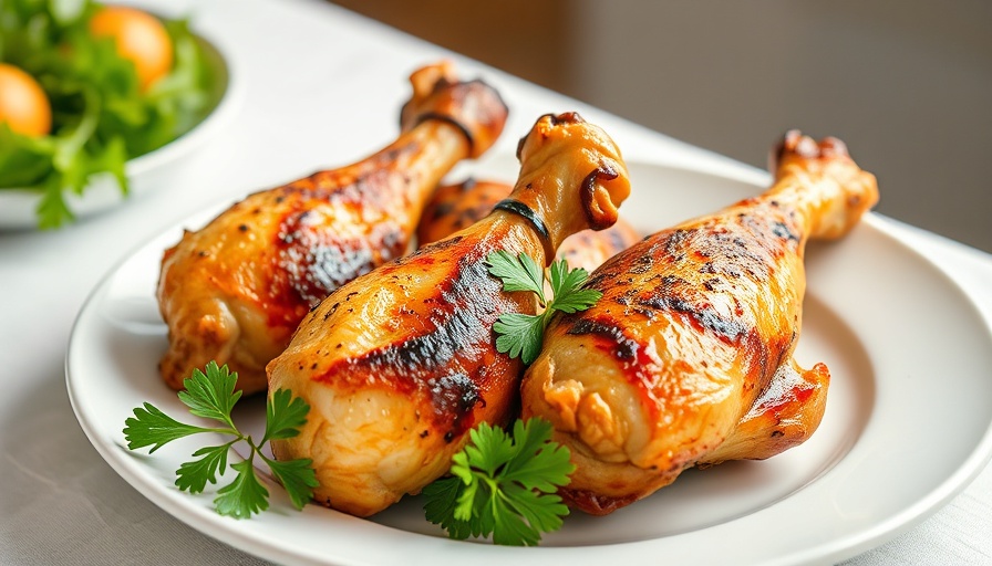 Best grilled chicken legs on a plate with parsley garnish.