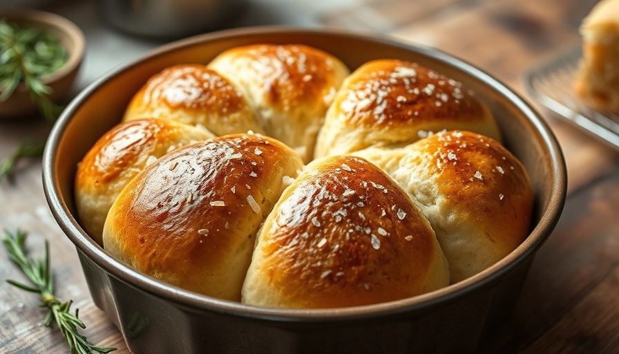 Golden brown Herby Garlic Dinner Rolls in a baking dish, topped with sea salt.