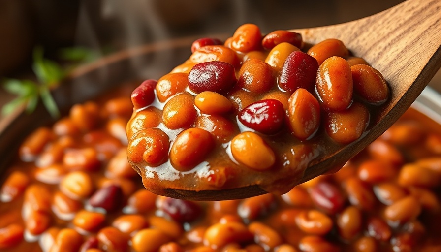 Close-up of the best baked beans recipe on a wooden spoon.