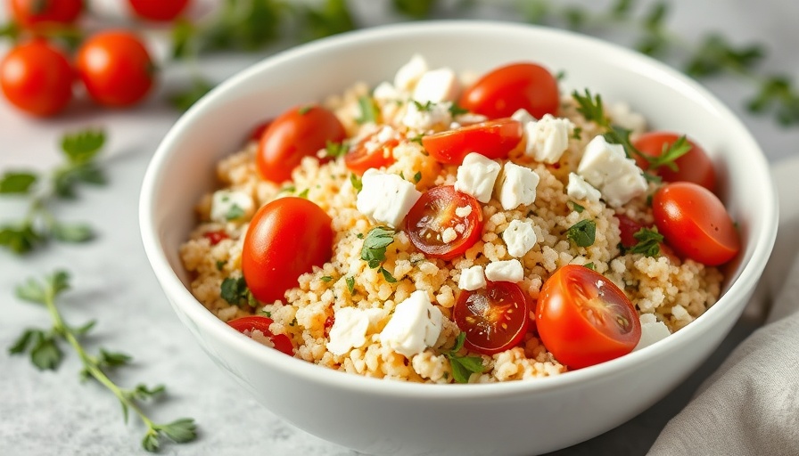 Couscous salad healthy meal prep with cherry tomatoes and feta.