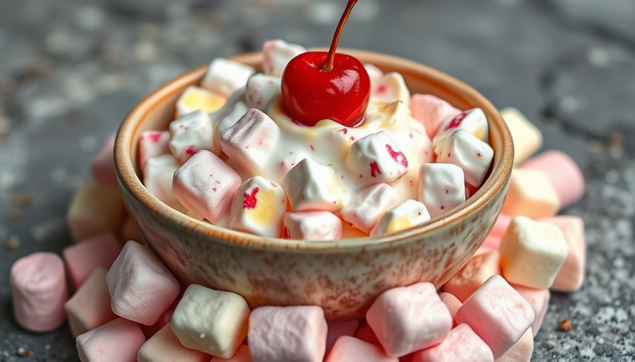 Colorful easy ambrosia salad with cherry and marshmallows.