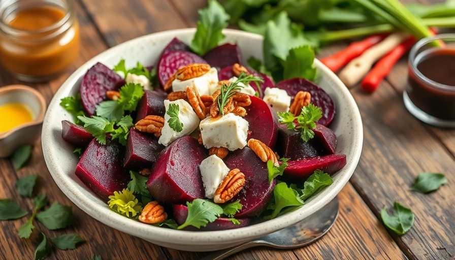 Healthy beet salad recipe with goat cheese and pecans in a rustic setting.