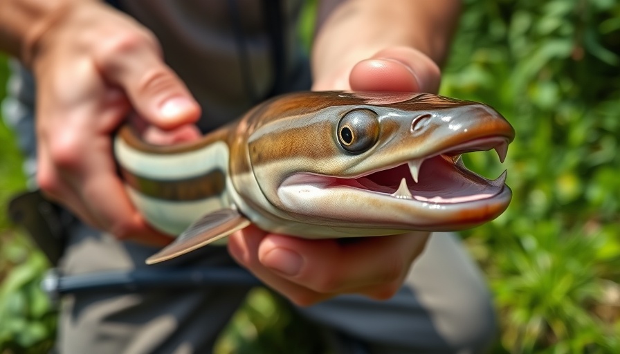 Close-up of lamprey being held, highlighting Great Lakes lamprey control program.