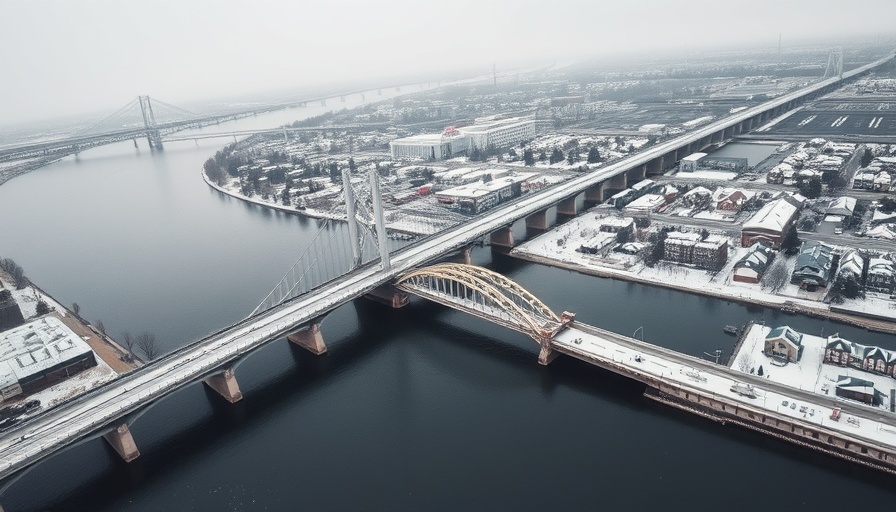 Aerial view of snowy bridge over river in Michigan, overcast day.