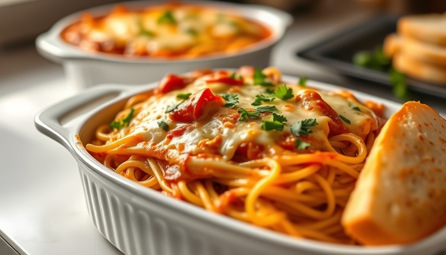 Baked Spaghetti Family Favorite in a white dish with cheese topping.