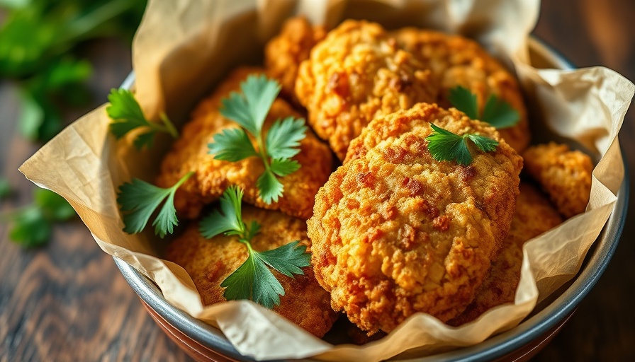 Golden chicken cutlets in bowl, parsley garnish