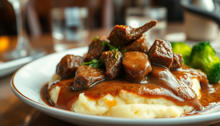 Instant Pot Beef Tips & Gravy over mashed potatoes with broccoli.