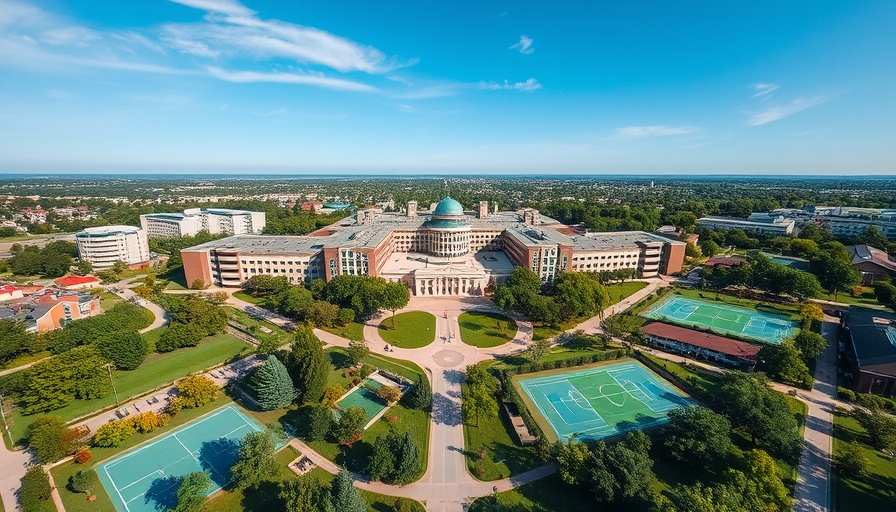 Aerial view of university campus with modern buildings and sports courts.