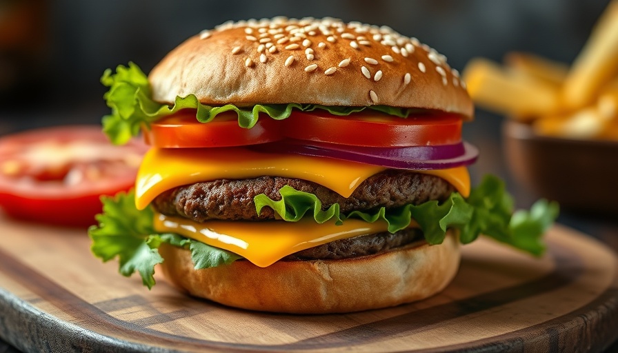 Juicy smashburger recipe with cheese and fresh veggies on wooden board.