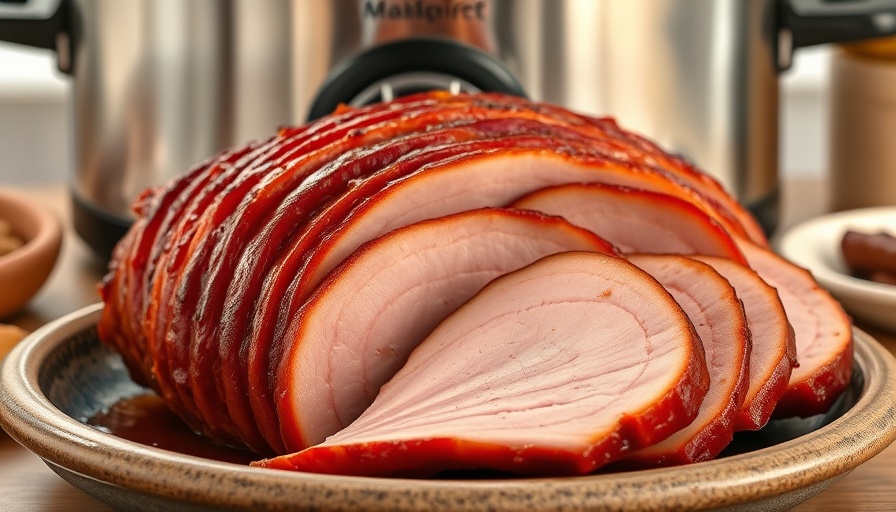 Crock Pot Ham: Sliced golden-brown ham next to crock pot