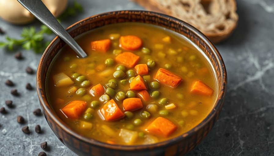 Hearty split pea soup recipe with carrots and bread.