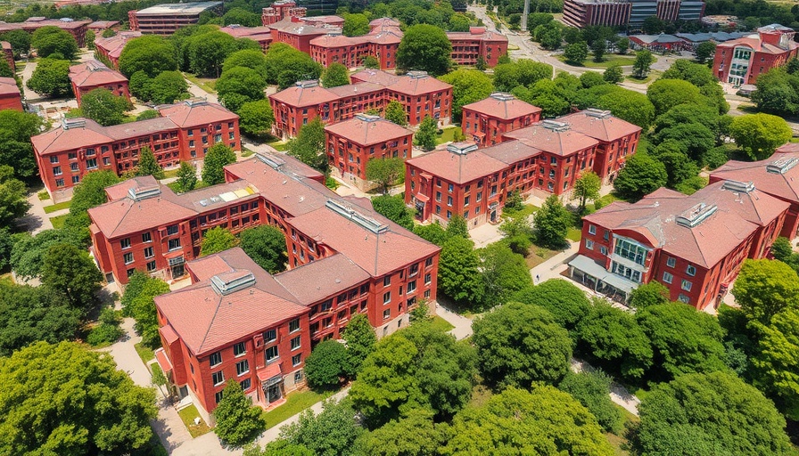 University campus with dorms and greenery, symbolizing legal residency for international students.