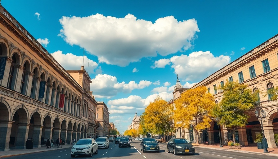 Urban street scene in Michigan, historic architecture with autumn colors.