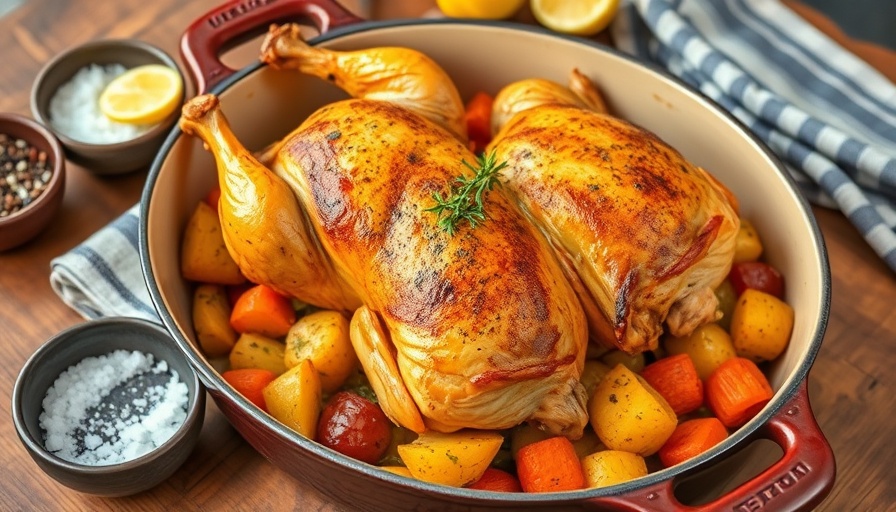 Golden Cornish hens roasted with vegetables in a dish.