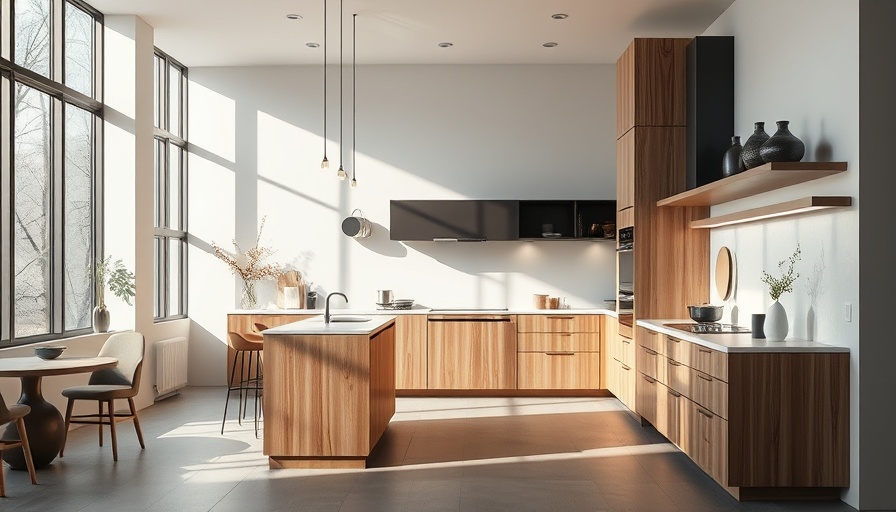 Modern minimalist kitchen remodel with wood and black elements.