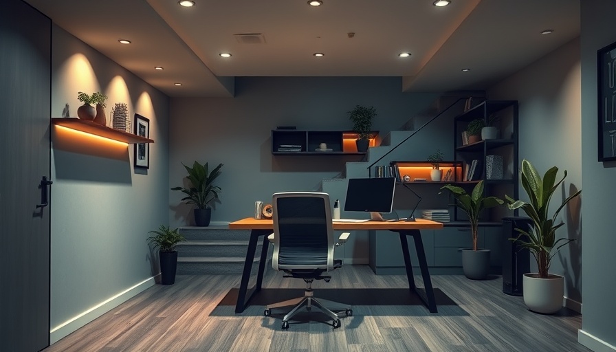 Modern basement office design with desk and ambient lighting.