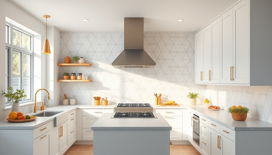 Modern kitchen with geometric backsplash and stainless steel features.